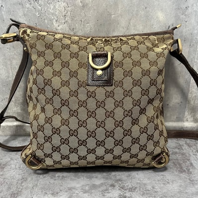 【GUCCI】グッチ ショルダーバッグ GG柄 キャンバス ベージュ ブラウン レザー リング金具 斜め掛け クロスボディ ヴィンテージ レディース