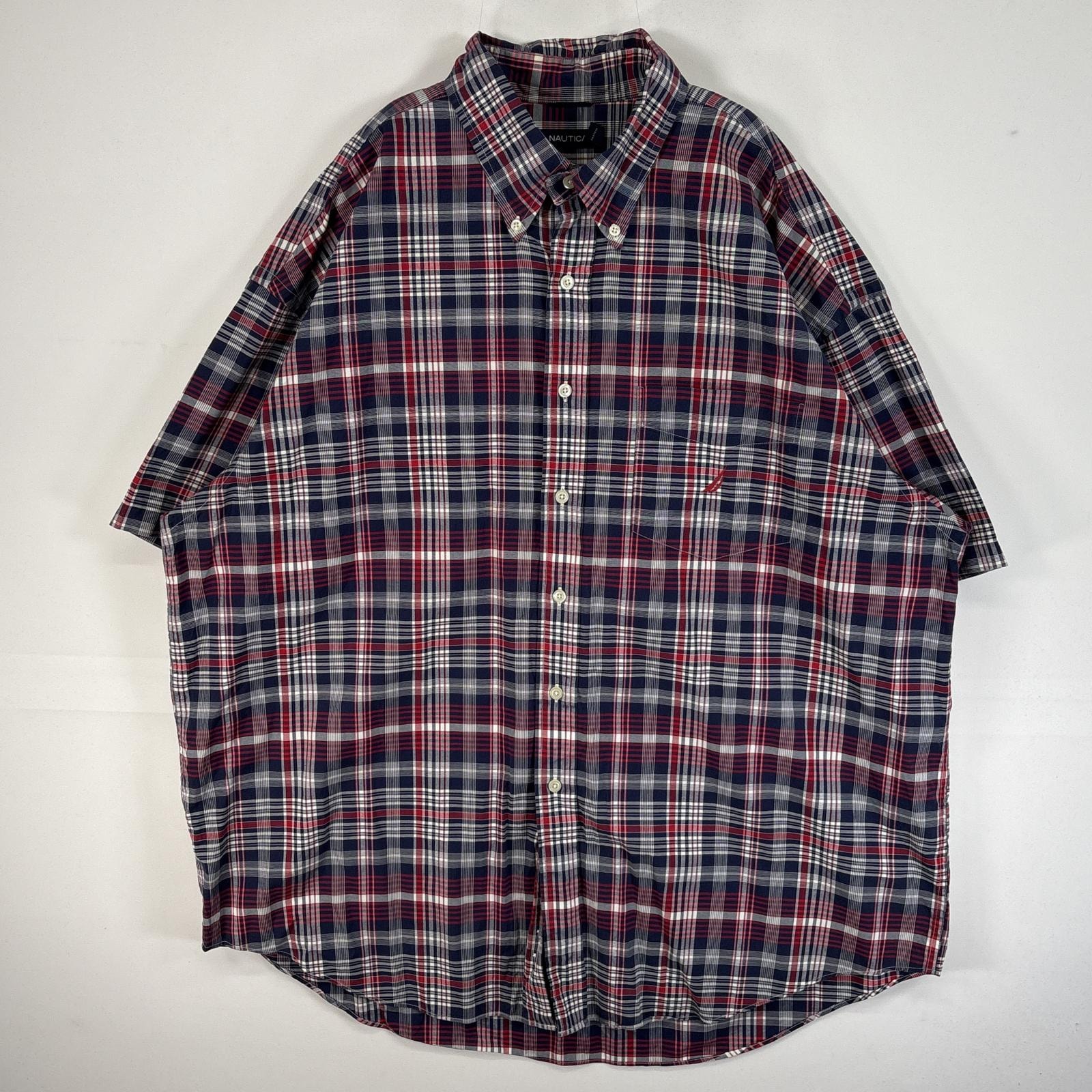 古着 ノーティカ NAUTICA 半袖シャツ ロゴ 刺繍 チェック 大きいサイズ 14041  ネイビー マルチカラー メンズ