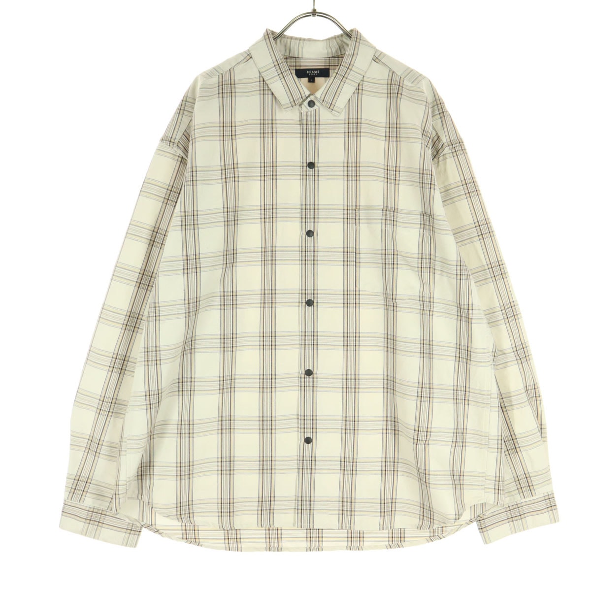 美品 BEAMS HEART ビームスハート ビッグシルエット チェック柄 長袖 シャツ L グレージュ スナップボタン式