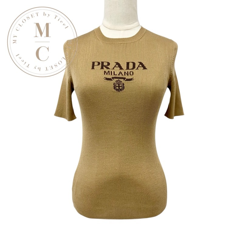 プラダ PRADA トップス ベージュ ブラウン ロゴ シルク クルーネックセーター ニット