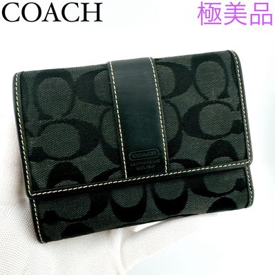コーチ/シグネチャー/キャンバス×レザー/二つ折り財布 /ブラック/レディース