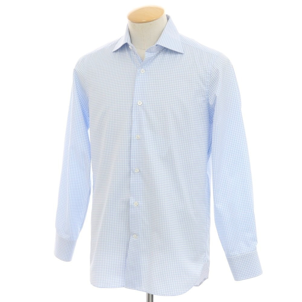 【中古】ビームスエフ BEAMS F コットン チェック ワイドカラー ドレスシャツ ライトブルーxホワイト【サイズ38】【メンズ】