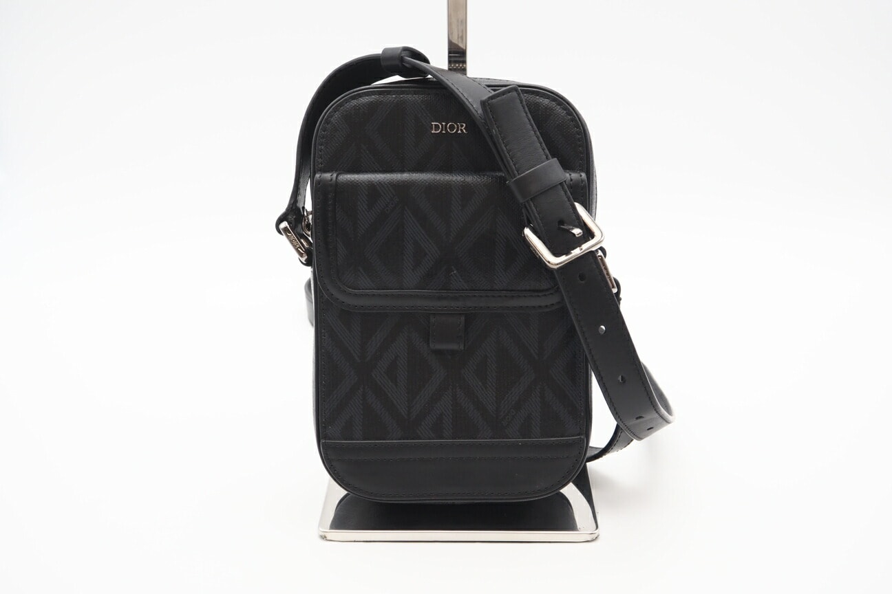 美品 Dior ディオール CDダイヤモンド バーティカルポーチ 2ESCA415CDP ショルダーバッグ ブラック グレー コーティングキャンバス メンズ
