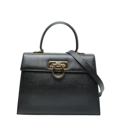 サルヴァトーレフェラガモ ガンチーニ ハンドバッグ ショルダーバッグ 2WAY AF-21 2181 ブラック レザー レディース Salvatore Ferragamo 【中古】