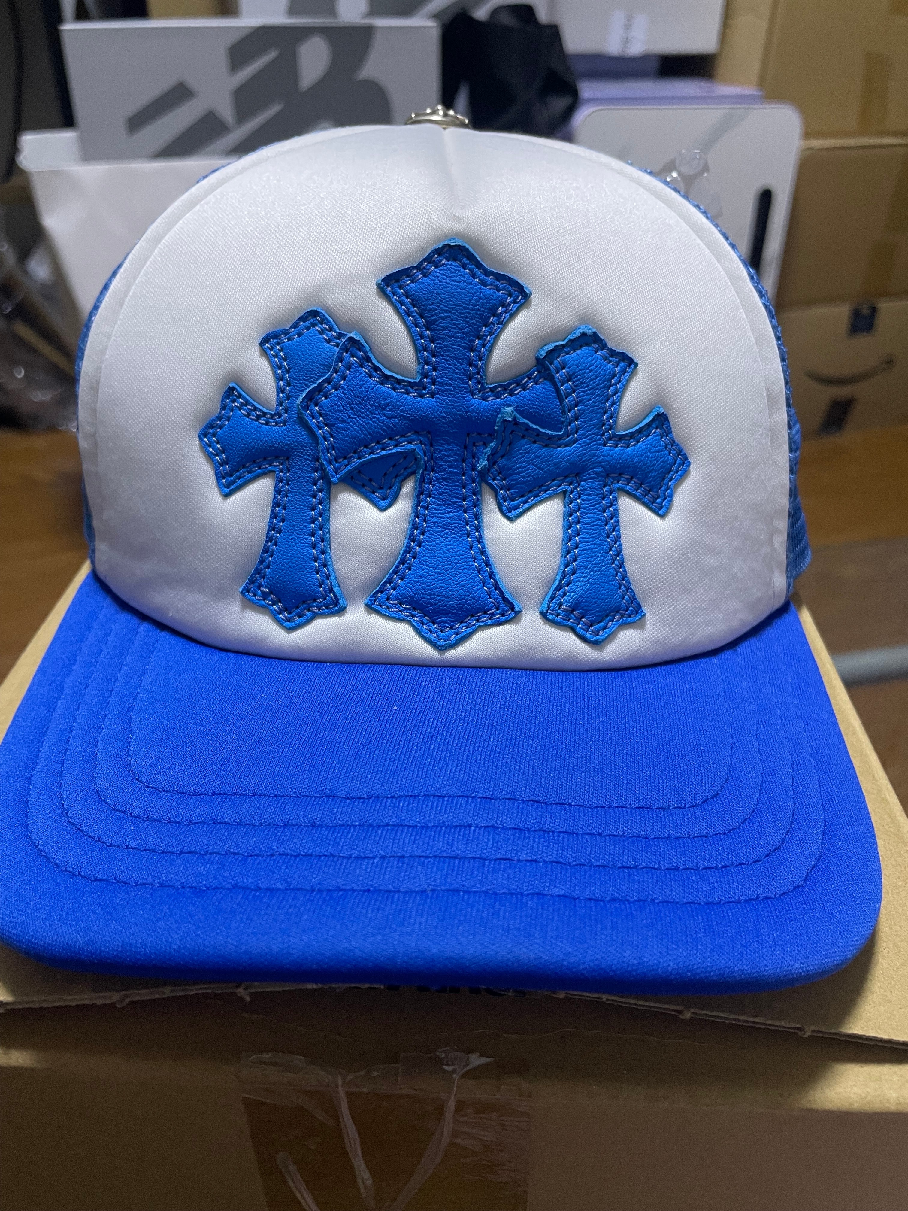 Chrome Hearts 3 Cemetery Cross Patch Trucker Hat "Blue"