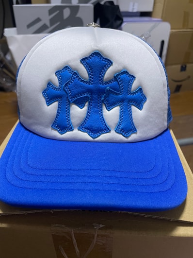 Chrome Hearts 3 Cemetery Cross Patch Trucker Hat "Blue"