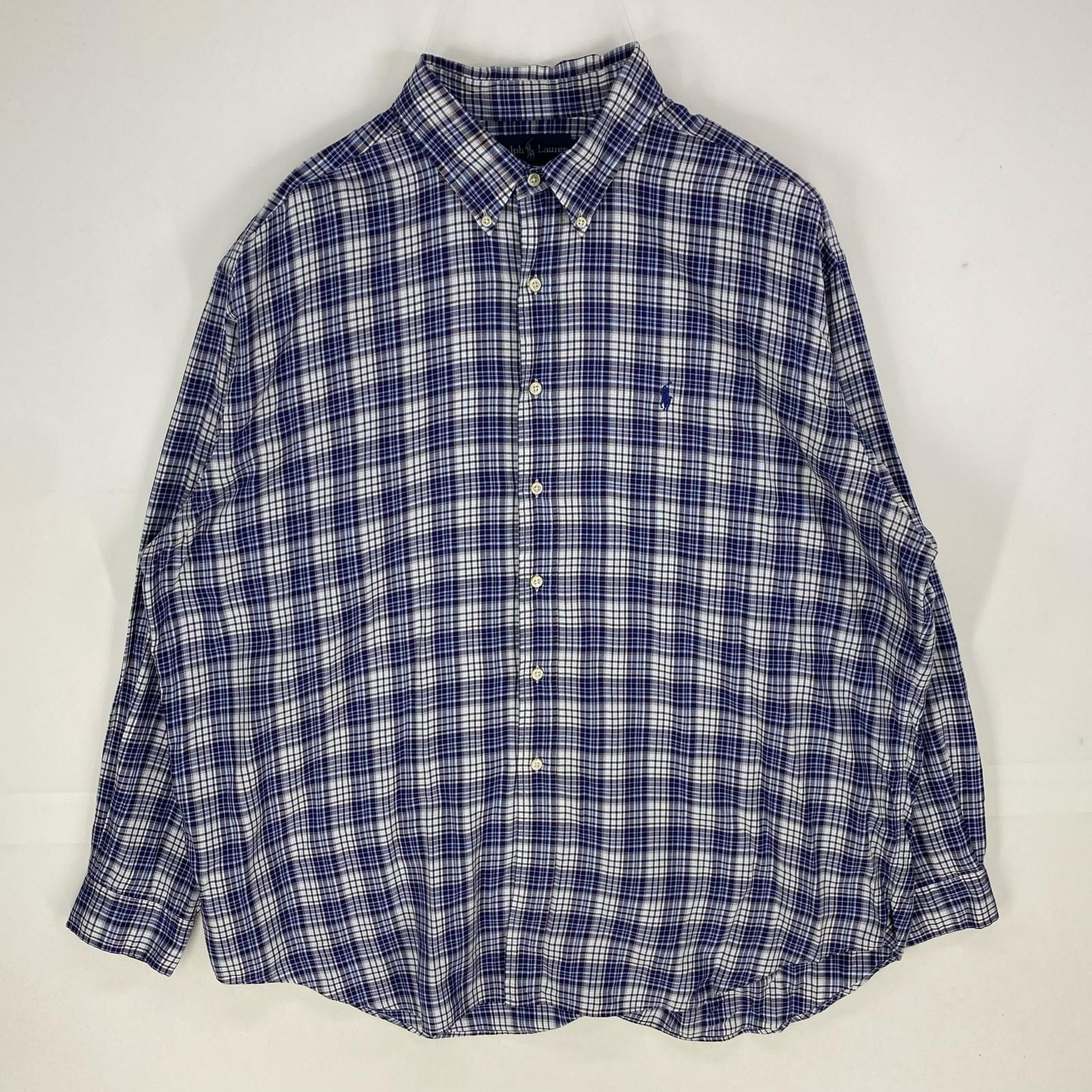 古着 ラルフローレン RALPH LAUREN 長袖シャツ ワンポイント ロゴ刺繍 ボタンダウン ロングスリーブ 2XL ネイビー系 チェック メンズ