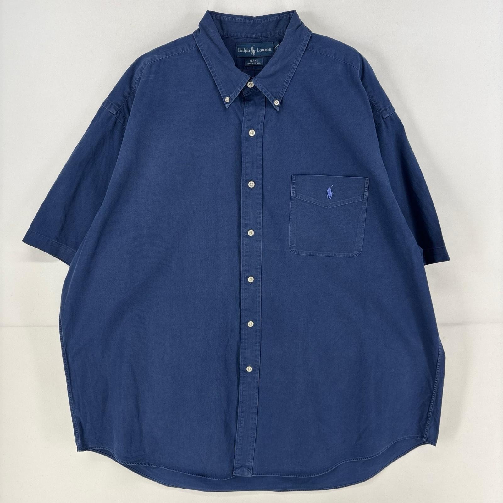 古着 ラルフローレン RALPH LAUREN 半袖シャツ ワンポイント 刺繍 胸ポケット 大きいサイズ 2XL ネイビー メンズ