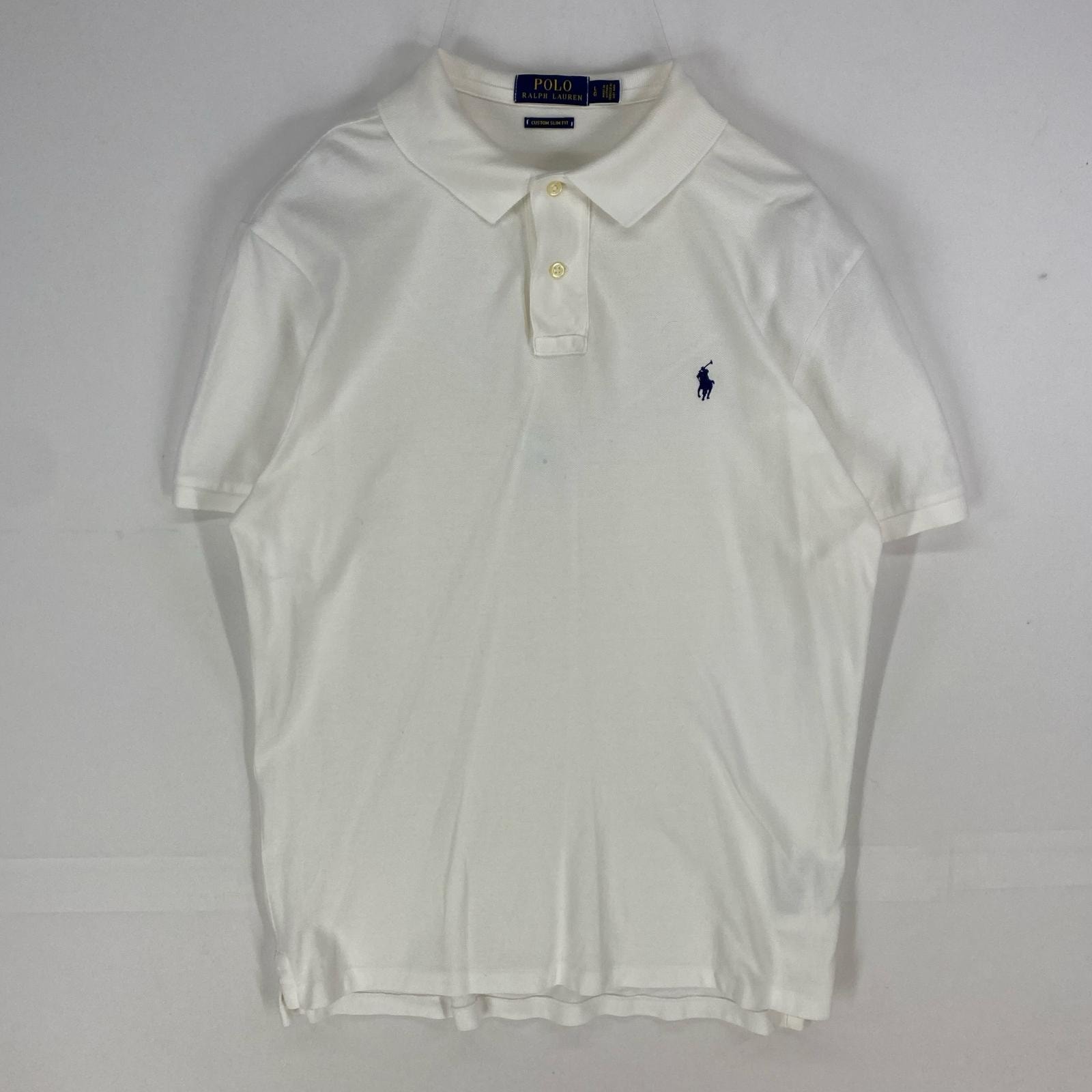 古着 ポロ・ラルフローレン POLO RALPH LAUREN 鹿の子 半袖シャツ ワンポイント ロゴ刺繍 ポロシャツ L  ホワイト系 無地 メンズ
