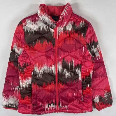 古着 ザ・ノースフェイス THE NORTH FACE ダウンジャケット 総柄 マルチカラー ワンポイント 550fill ガールズ ピンク キッズ