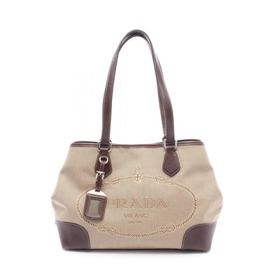プラダ PRADA ロゴジャガード トートバッグ バッグ キャンバス レザー レディース ベージュ系 / ブラウン系 BR3412 【中古】