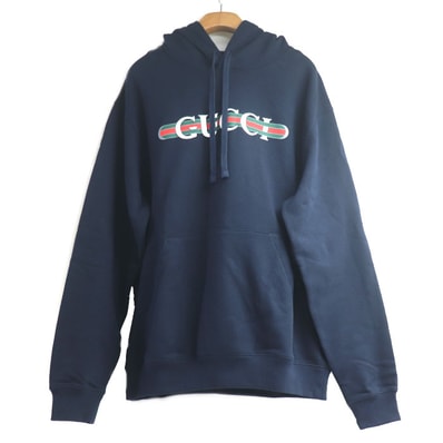 GUCCI グッチ コットンジャージー プリント フーデッド スウェットシャツ パーカー ネイビー 788771 XJG59 4735 M メンズ【中古】【極美品】