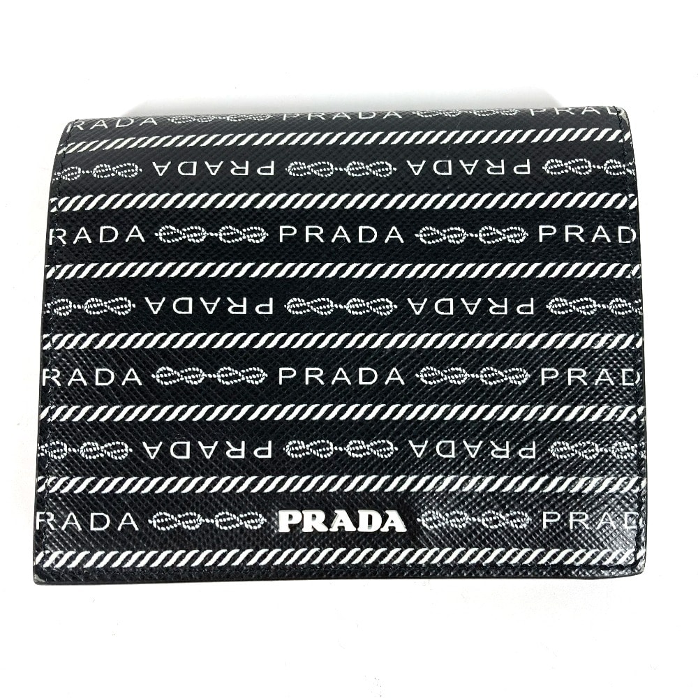 プラダ PRADA 総柄 ロゴ 1MV204 コンパクトウォレット 2つ折り財布 レザー ブラック 美品