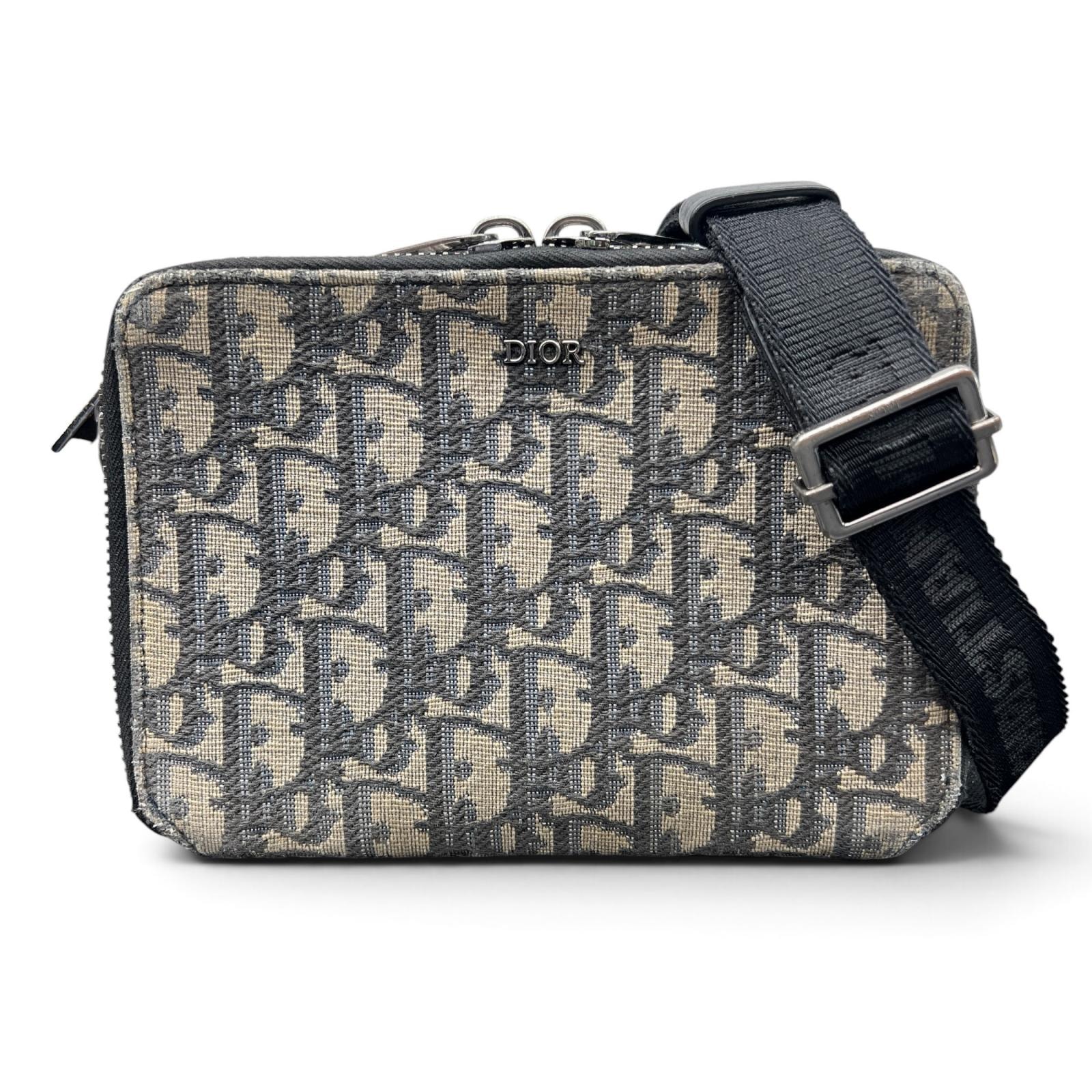 DIOR 現行品 ディオール ストラップ付き ジップポーチ オブリーク ジャガード 2way ショルダーバッグ ポーチ 2OBBC119YSE キャンバス レザー ポシェット クリスチャン Bランク 鑑定済 中古【定価280,000円】