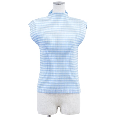 SALE【新品同様】ISSEY MIYAKE イッセイミヤケ カットソー ギンガムチェック サイズ 2 レディース プリーツ ハイネック フレンチスリーブ トップス サックスブルー 青 日本製