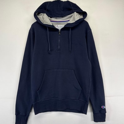 古着 チャンピオン Champion パーカー プルオーバー ハーフジップ パーカー ワンポイントロゴ S ネイビー系 メンズ