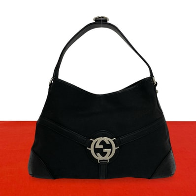 GUCCI グッチ インターロッキング G 金具 キャンバス レザー ショルダーバッグ ブラック
07525