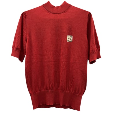 PRADA 極美品 プラダ ロゴ モックネック ニット 半袖 2018年 UMR438 レッド マルチカラー #48 セーター カットソー メンズ Aランク 中古 鑑定済 プラダニット