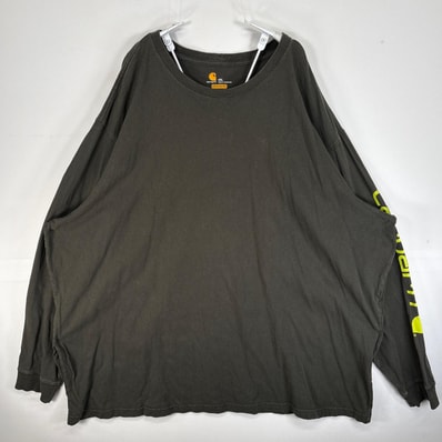 古着 カーハート Carhartt 長袖Tシャツ 大きいサイズ 肉厚 クルーネック 4XL カーキ 袖プリント メンズ