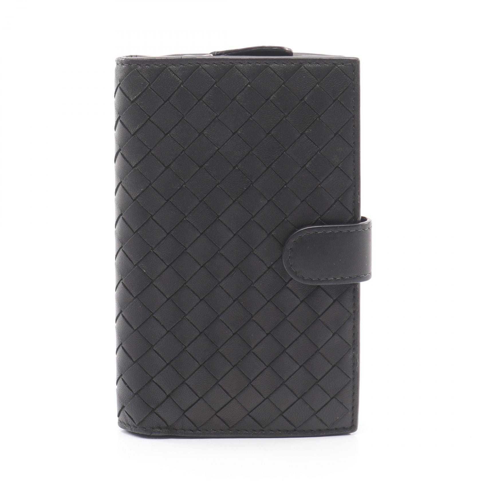 ボッテガヴェネタ BOTTEGA VENETA イントレチャート 二つ折り財布 財布 レザー レディース ブラック系 【中古】