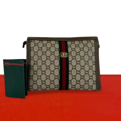 GUCCI グッチ シェリーライン グッチプラス ロゴ 金具 PVC レザー クラッチバッグ ブラウン
689-2