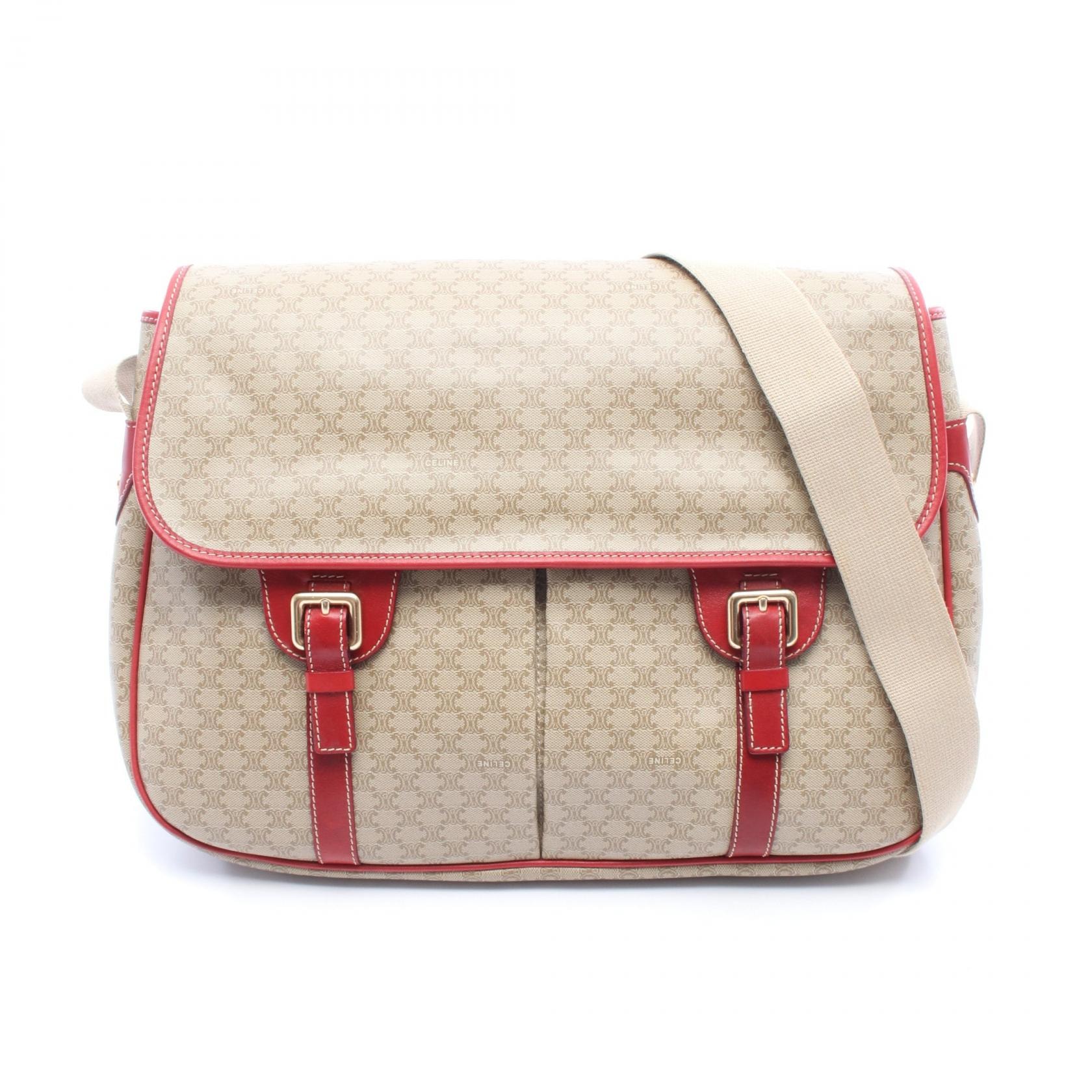 セリーヌ CELINE マカダム ショルダーバッグ バッグ PVCコーティングキャンバス レザー レディース ベージュ系 / レッド系 【中古】