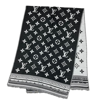 LOUIS VUITTON ルイヴィトン マフラー ストール エトール・アメージングラム LVロゴ M76388 ウール シルク ブラック 黒 グレー メンズ 秋 冬【中古品】