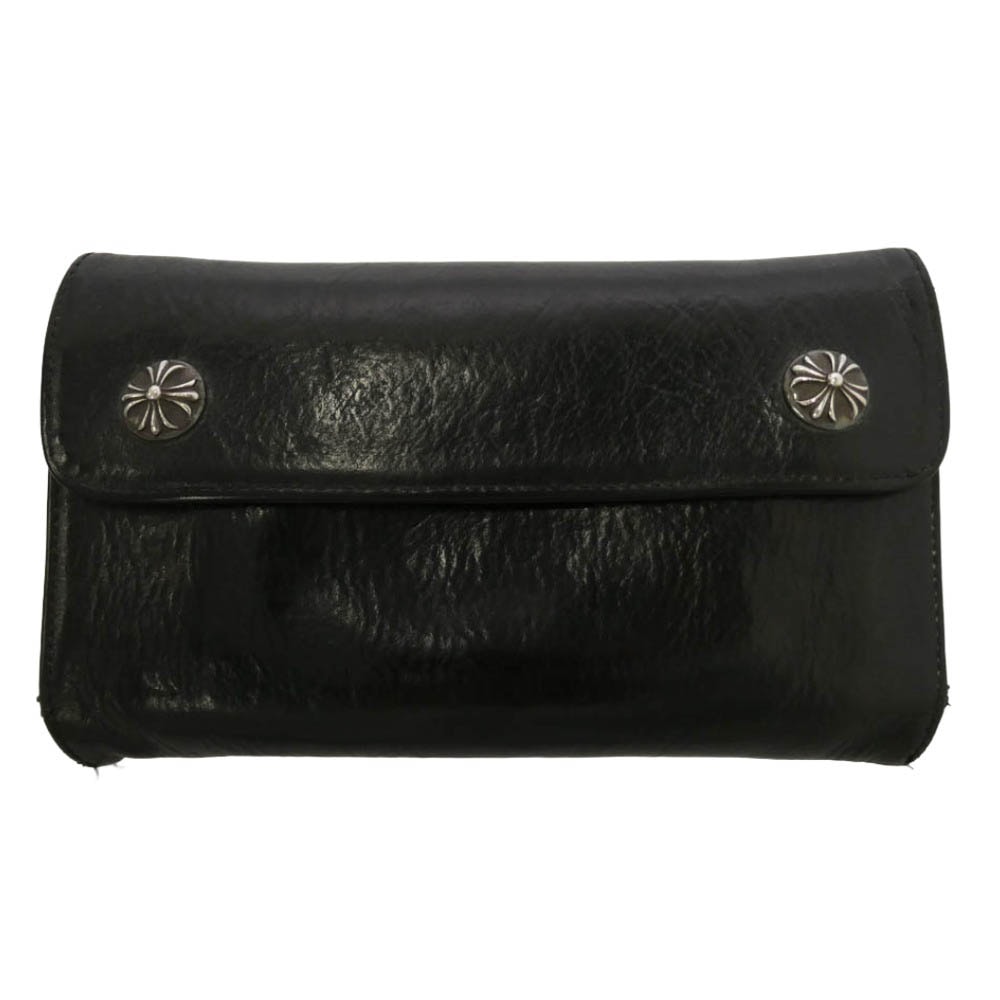 CHROME HEARTS クロムハーツ(原本無) WAVE CROSS BALL ウェーブ クロスボールボタン レザー ウォレット 長財布 ブラック系 シルバー系【中古】