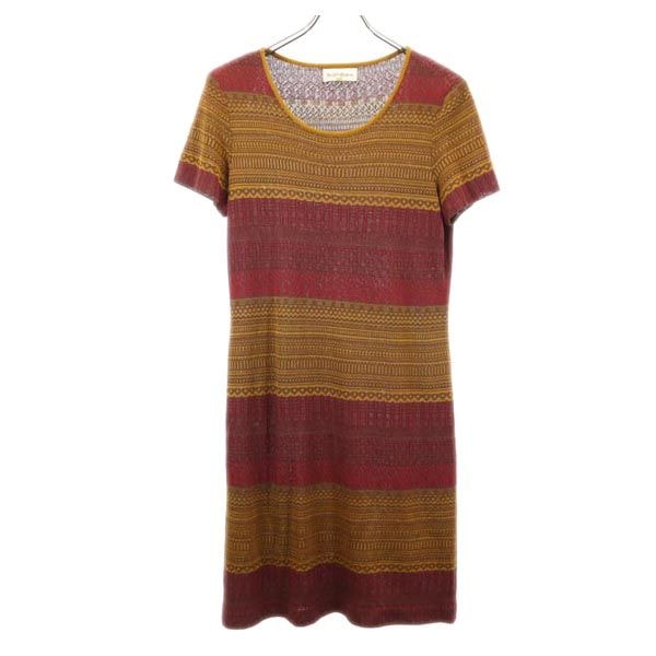 YVES SAINT LAURENT イヴサンローラン 総柄 半袖 ニット ワンピース L レッド×ブラウン