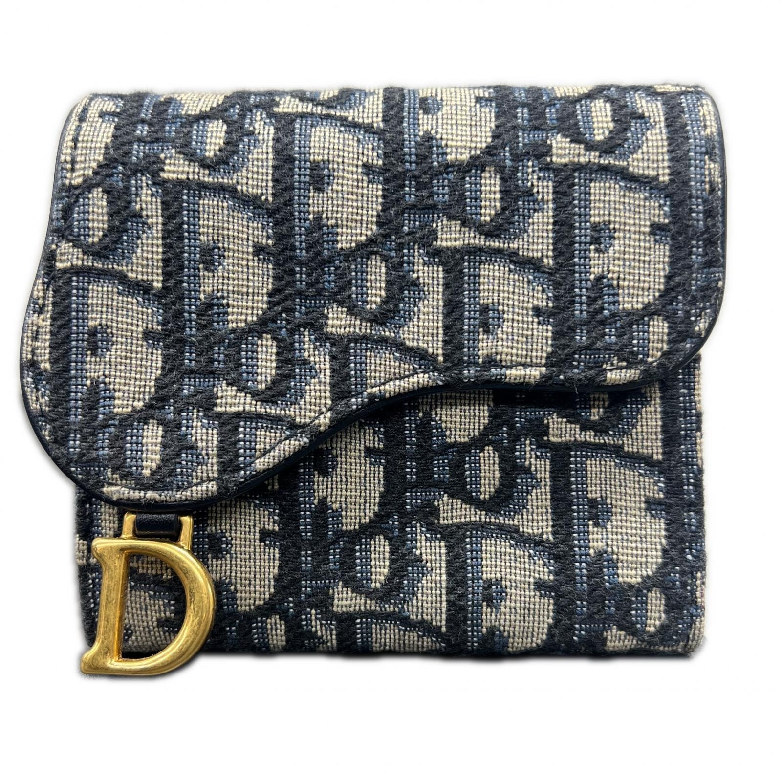 Christian Dior 極美品 ディオール サドル ロータス ウォレット オブリーク S5652CTZQ キャンバス レザー ネイビー CD ロゴ コンパクトウォレット ミニ財布 クリスチャン Aランク 鑑定済 中古 ディオール財布