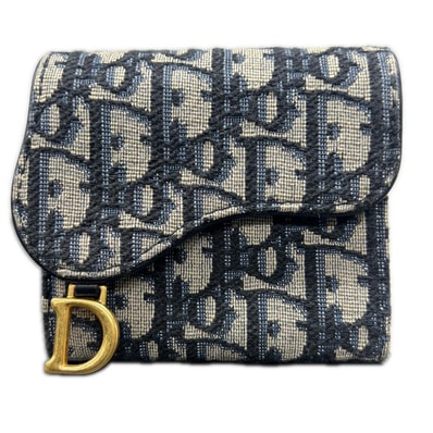 Christian Dior 極美品 ディオール サドル ロータス ウォレット オブリーク S5652CTZQ キャンバス レザー ネイビー CD ロゴ コンパクトウォレット ミニ財布 クリスチャン Aランク 鑑定済 中古 ディオール財布