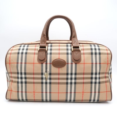 BURBERRY(バーバリー)ノバチェック ヴィンテージ ボストンバッグ ホースロゴ ベージュ ブラウン レザー ゴールド金具 レディース【中古】
