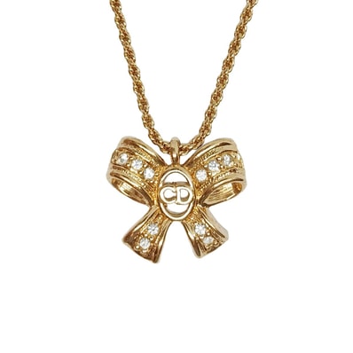 Christian Dior クリスチャンディオール リボン ロゴ ネックレス GP ラインストーン ゴールド レディース【中古】