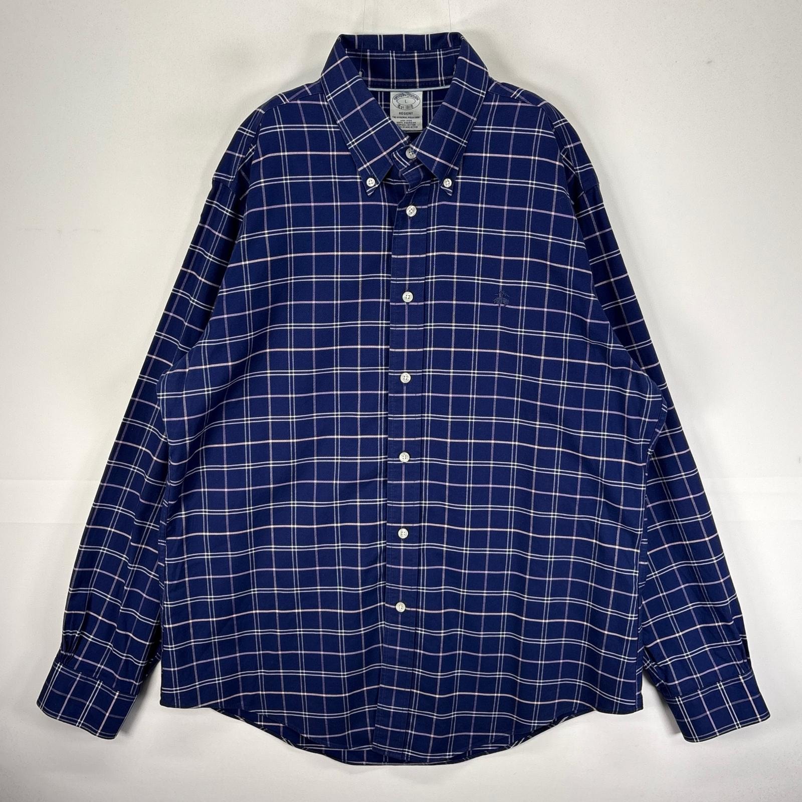 古着 ブルックスブラザーズ Brooks Brothers 長袖シャツ ボタンダウン ワンポイント L  ネイビー系 チェック メンズ
