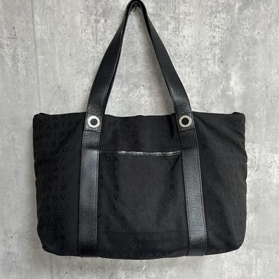 【BVLGARI】ブルガリ ロゴマニア ソフィア ラージ トートバッグ AX.K08.22281 ジャガードキャンバス レザー ブラック シルバー金具 肩掛け