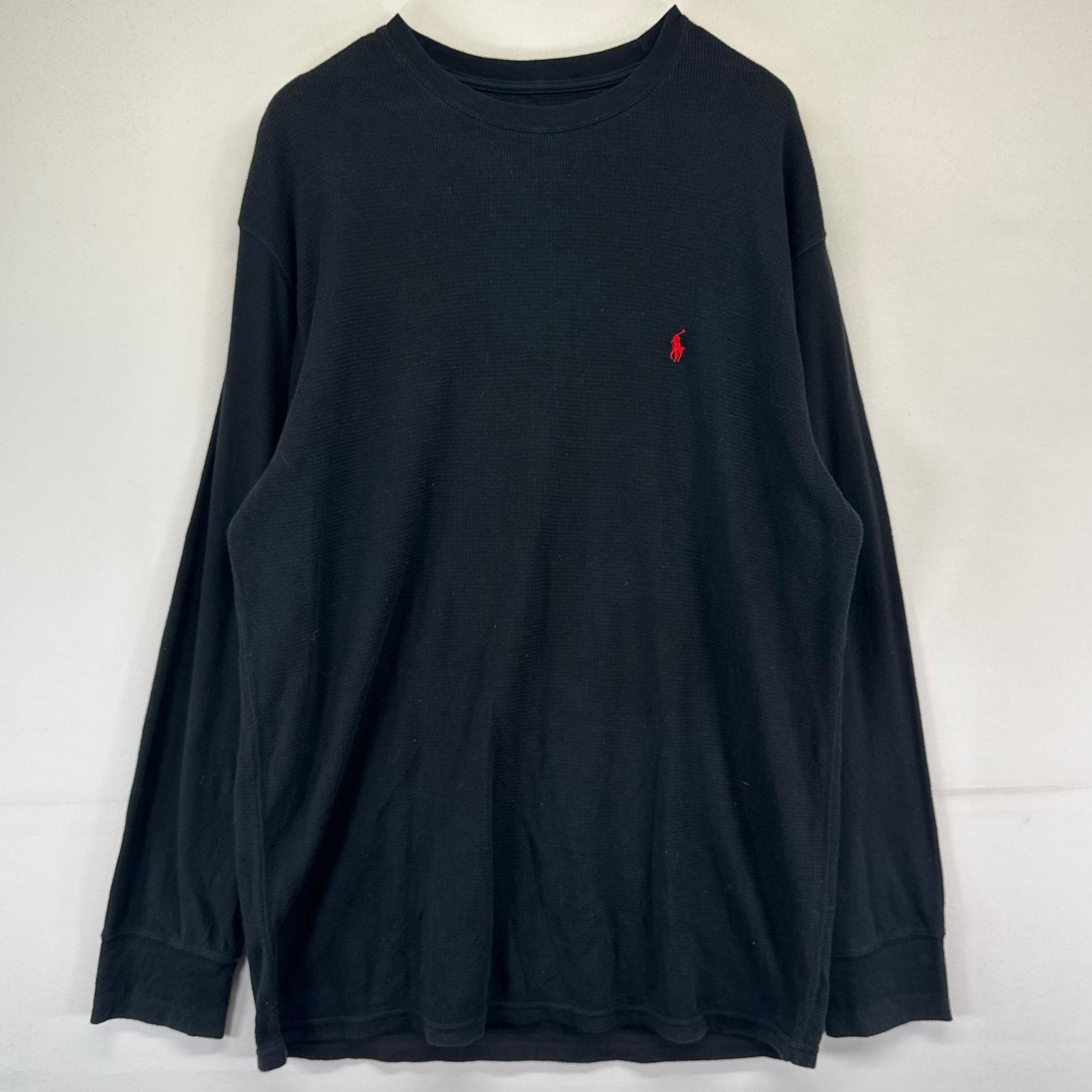 古着 ポロ・ラルフローレン POLO RALPH LAUREN 長袖Tシャツ ワンポイントロゴ刺繍 クルーネック サーマル 2XL  ブラック系 メンズ