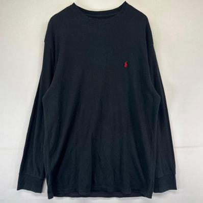 古着 ポロ・ラルフローレン POLO RALPH LAUREN 長袖Tシャツ ワンポイントロゴ刺繍 クルーネック サーマル 2XL ブラック系 メンズ