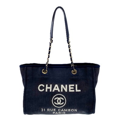 CHANEL シャネル ココマーク ドーヴィルMM トートバッグ A67001 デニム ネイビー デニム インディゴ レディース【中古】