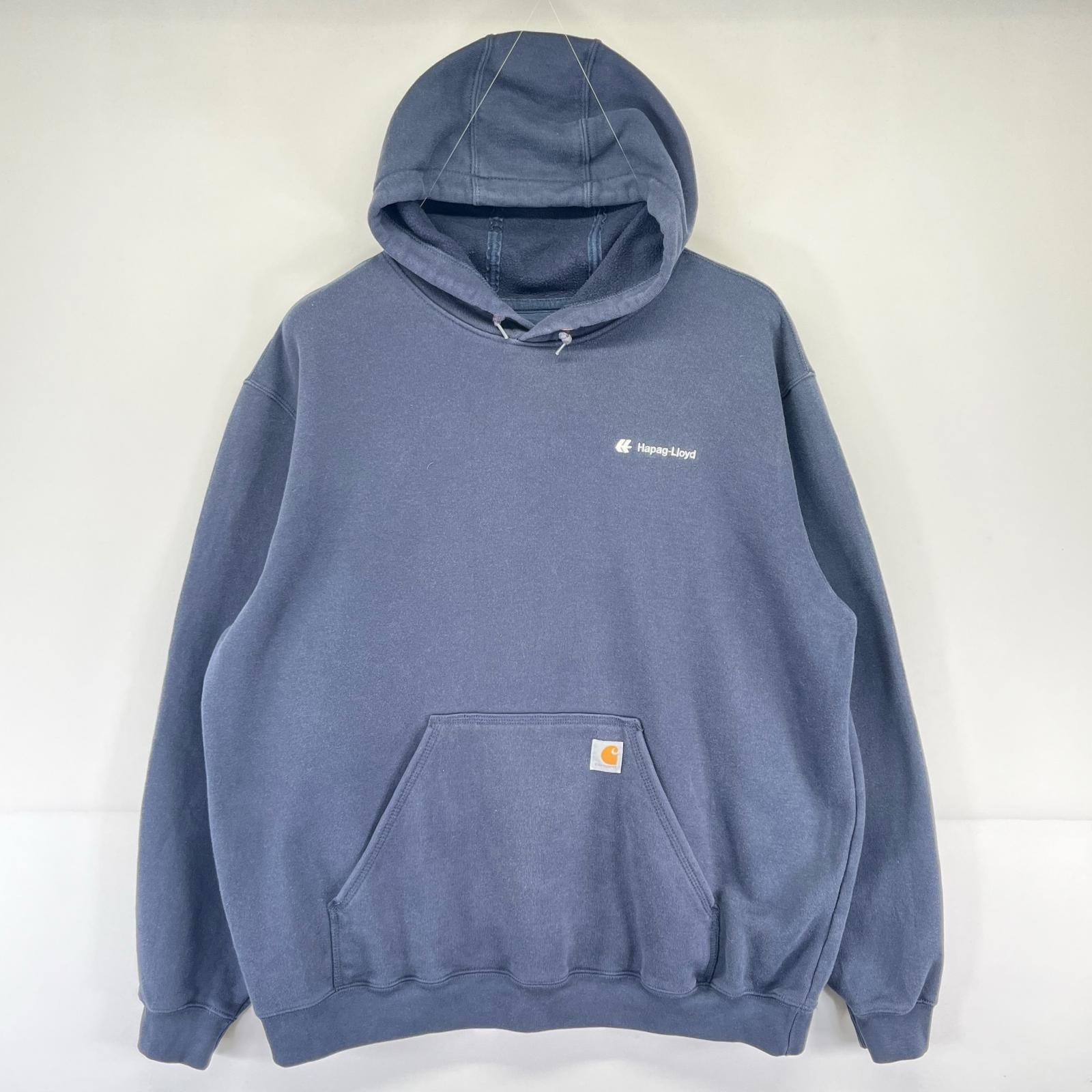 古着 カーハート Carhartt パーカー プルオーバー 大きいサイズ ワンポイント ロゴ スウェット 2XL  ネイビー系 メンズ
