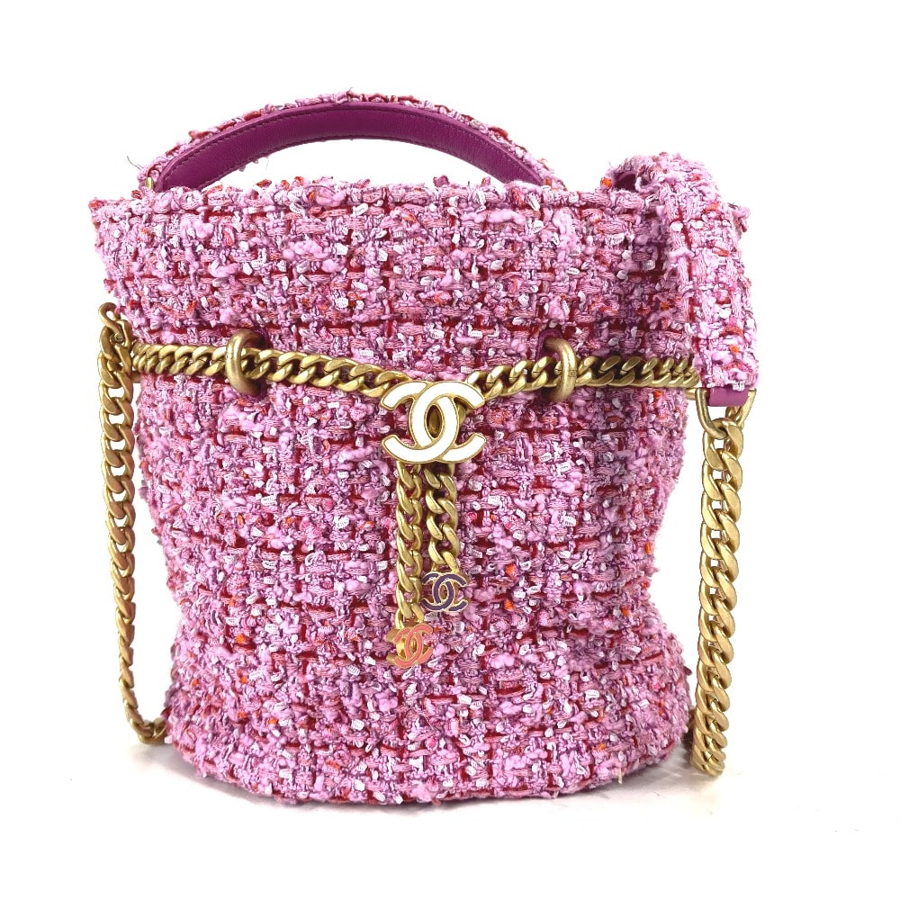 シャネル CHANEL CC ココマーク チェーン 2022SS バケツ型 斜め掛け ポシェット 2WAY ハンドバッグ ショルダーバッグ ツイード ピンク 美品