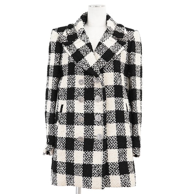 シャネル P54393 ツイード ブロックチェック コート レディース アイボリー ブラック 38 CHANEL