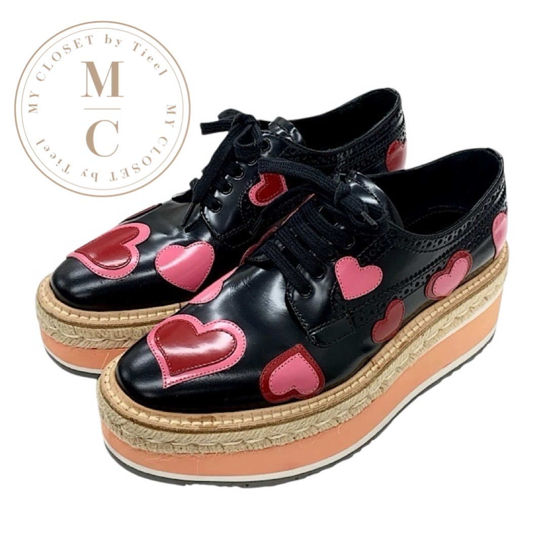 プラダ PRADA フラットシューズ 靴 シューズ ブラック レッド ピンク レースアップシューズ ハート プラットフォーム