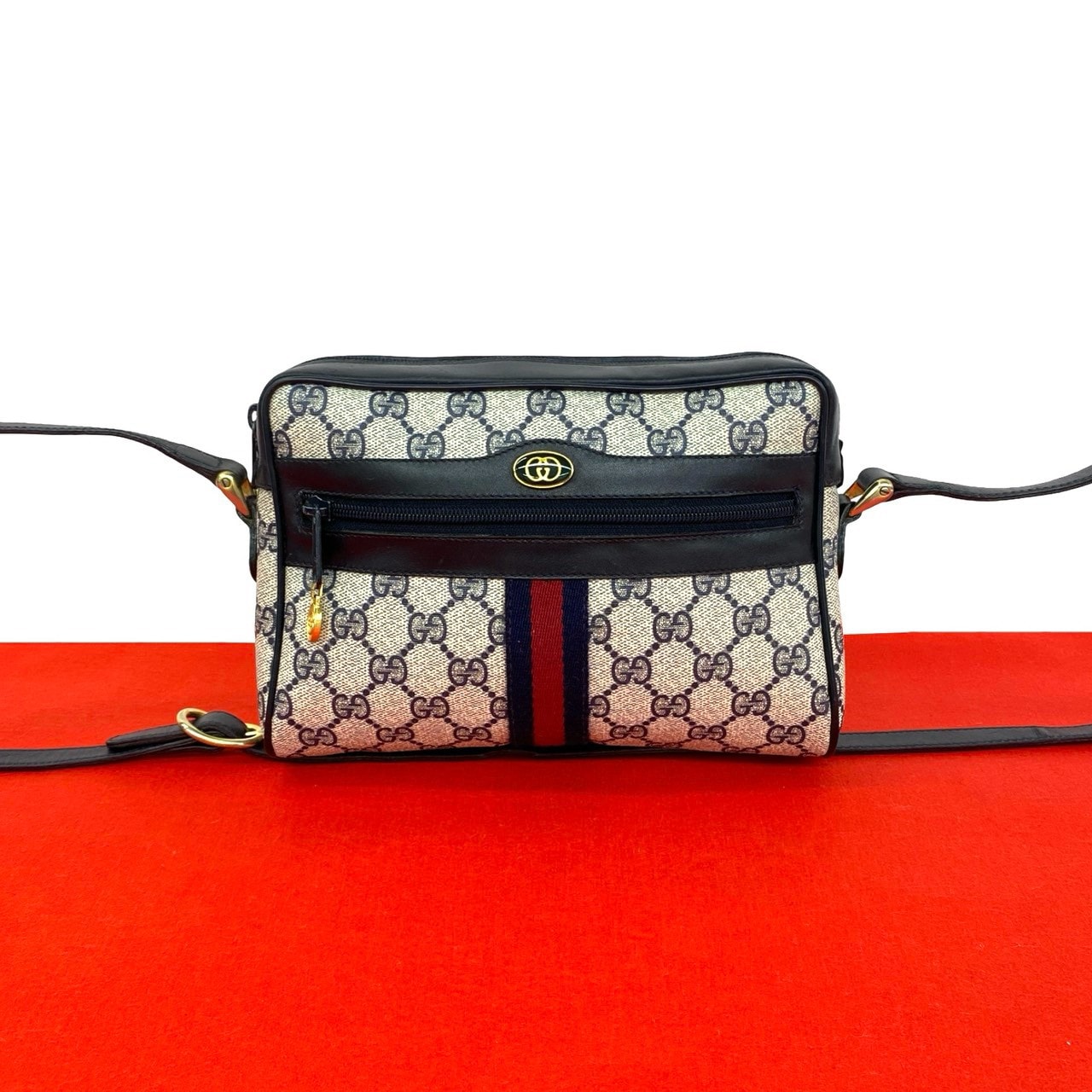GUCCI グッチ シェリーライン GG ロゴ 柄 金具 レザー PVC ショルダーバッグ ネイビー
429-8