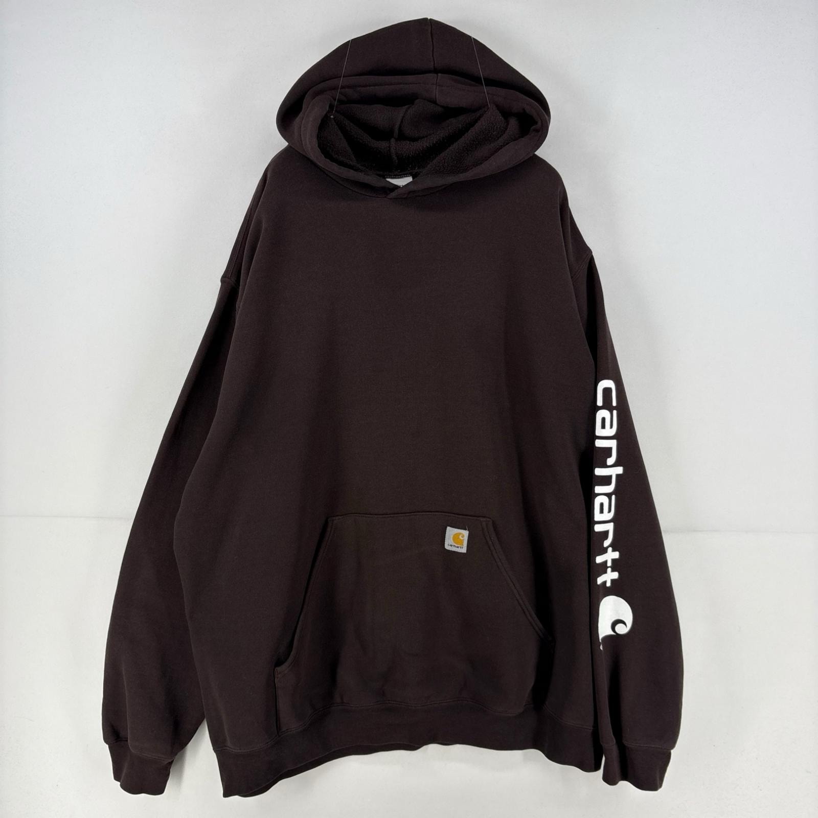 古着 カーハート Carhartt パーカー プルオーバー ロゴ プリント 袖ロゴ 大きいサイズ スウェット 2XL  ブラウン メンズ