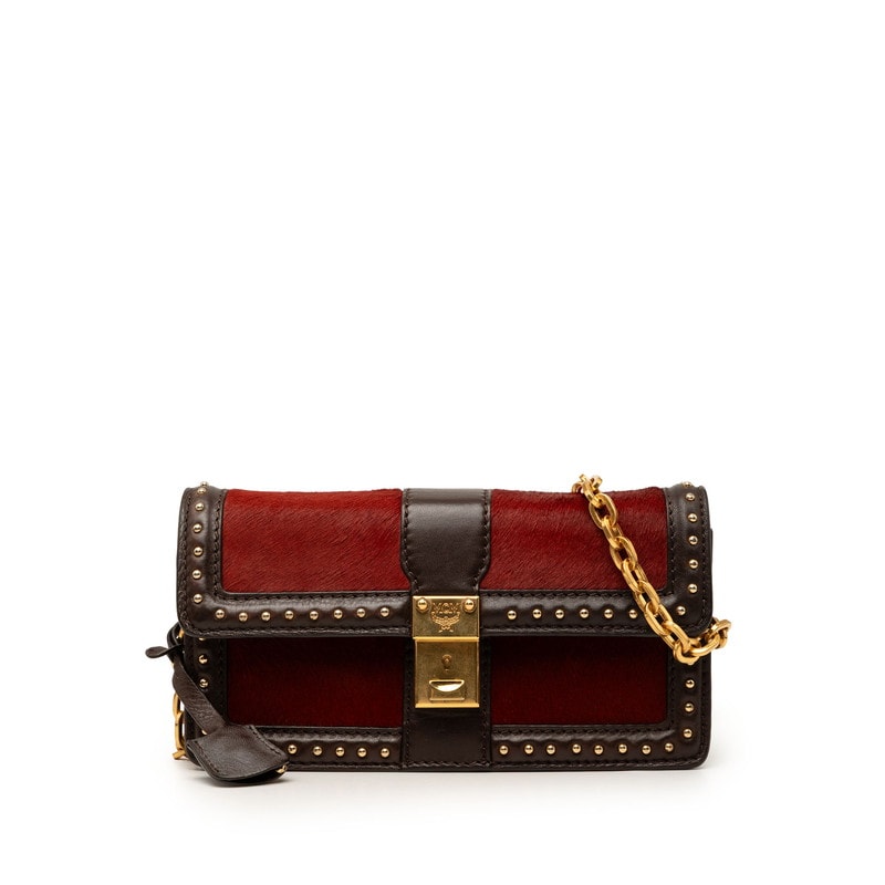 エム シー エム スタッズ ショルダーバッグ レッド ブラウン ハラコ レザー レディース MCM 【中古】