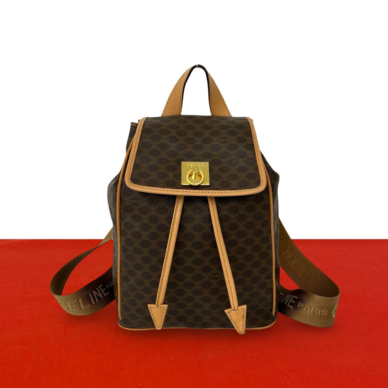 CELINE セリーヌ マカダム 柄 ロゴ リング 金具 PVC レザー リュックサック ブラウン
 00050