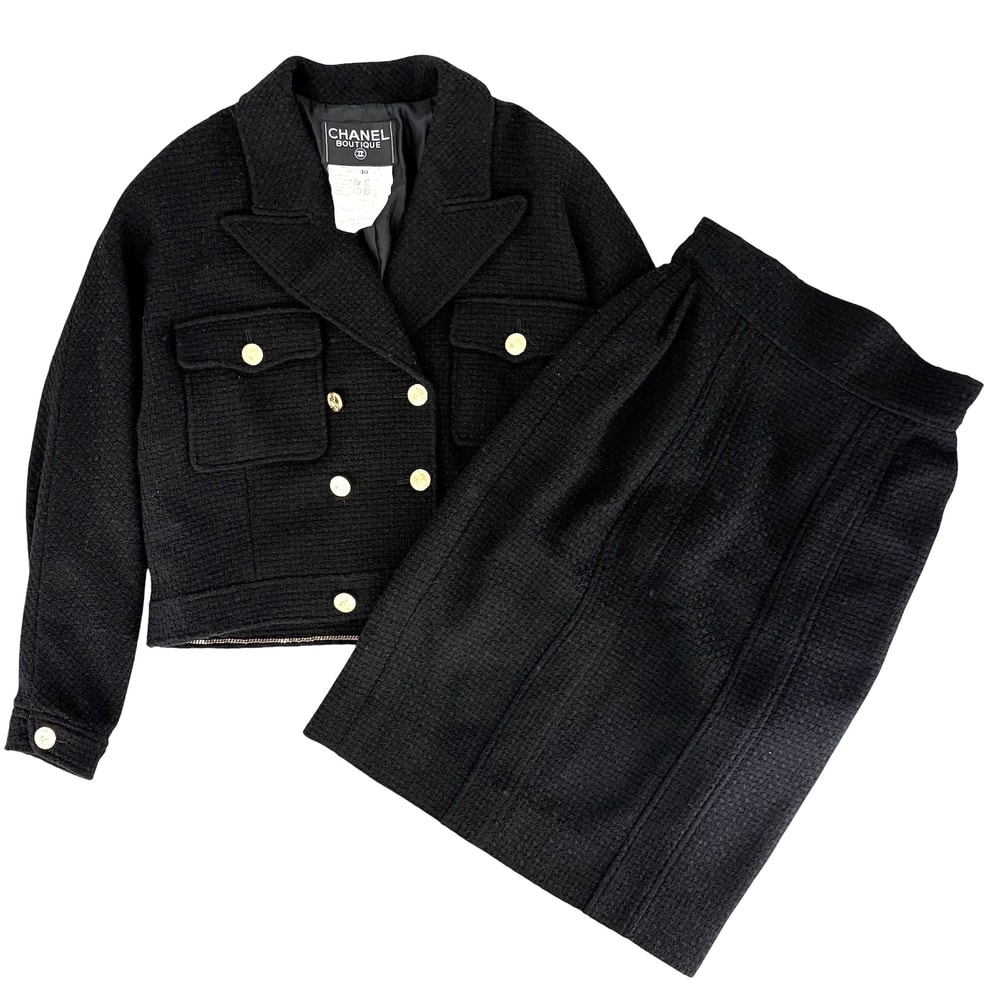 CHANEL シャネル セットアップ マドモアゼルボタン ジャケット スカート ヴィンテージ アパレル 服 40 ブラック 黒 ゴールド金具 ウール    レディース 秋 冬【中古品】
