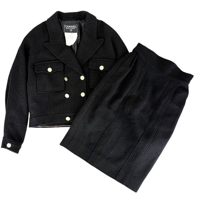 CHANEL シャネル セットアップ マドモアゼルボタン ジャケット スカート ヴィンテージ アパレル 服 40 ブラック 黒 ゴールド金具 ウール レディース 秋 冬【中古品】