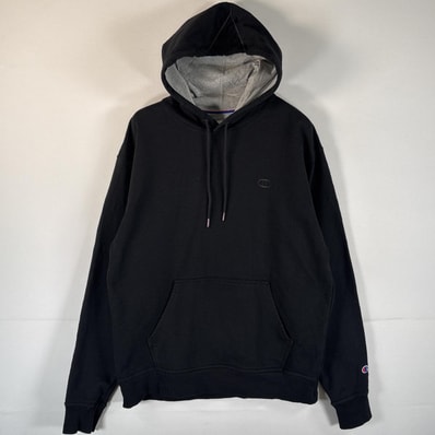 古着 チャンピオン Champion パーカー プルオーバー ワンポイントロゴ刺繍 フーディ マフポケット L ブラック メンズ