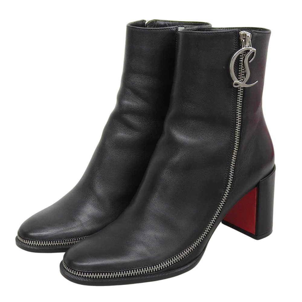 クリスチャンルブタン CL ZIP BOOTY Dロゴファスナー ジップ レザー アンクルブーツ レディース ブラック 36 1/2 36.5